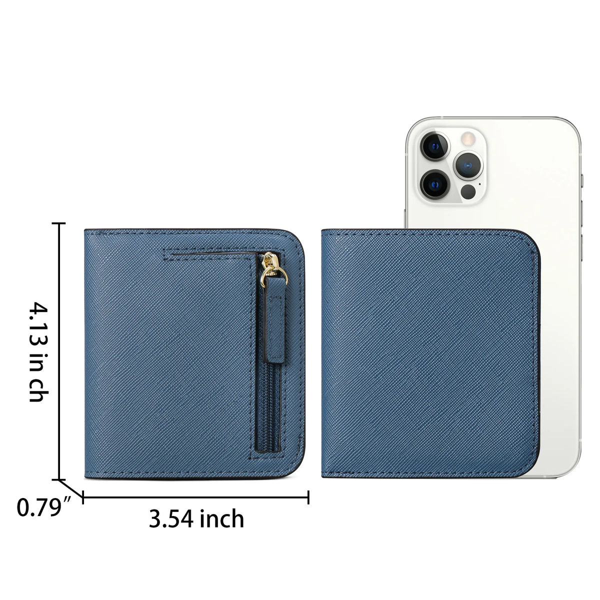 A blue leather compact bi-fold wallet next to an iPhone, showing its dimensions.