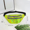A bright lime green holographic sequin waist bag with a black adjustable strap displayed on a white surface.