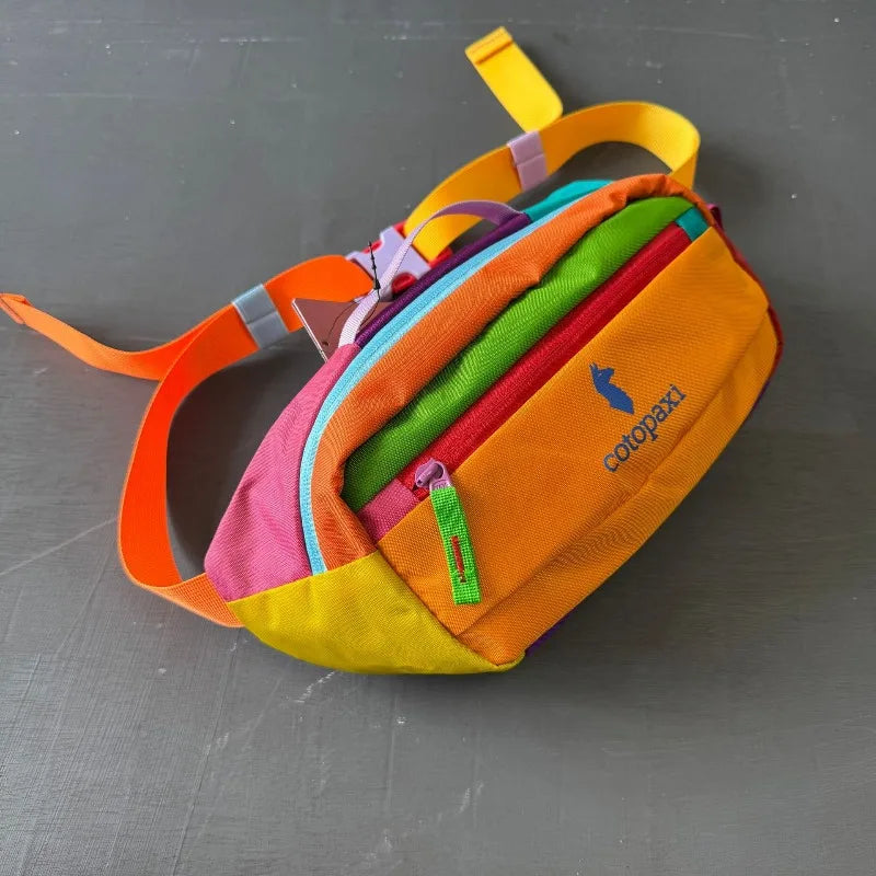 Durable Outdoor Sports Crossbody Bag in Orange and Yellow with Bright Multicolored Strap