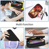 A multi-function black leather pencil case shown open and closed, with a purple fabric version nearby.