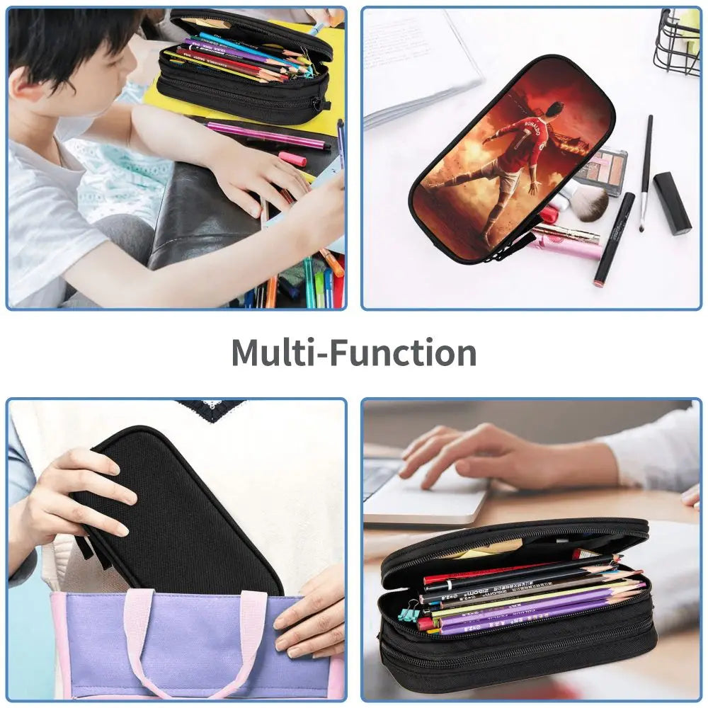 A multi-function black leather pencil case shown open and closed, with a purple fabric version nearby.