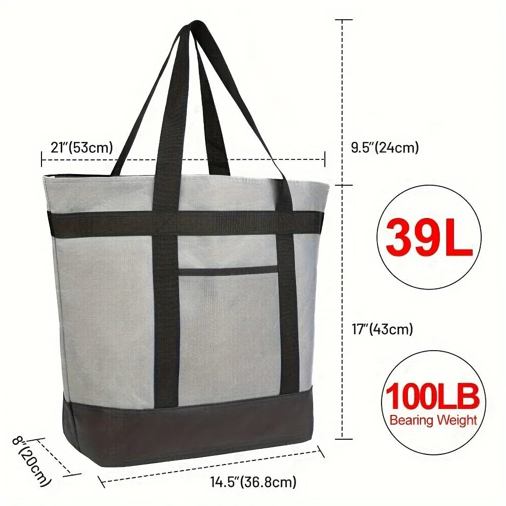 A gray and black heavy-duty insulated cooler bag with handles, measuring 14.5 inches wide and 9.5 inches deep.