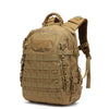 A tan tactical waterproof backpack with brown straps and webbing.