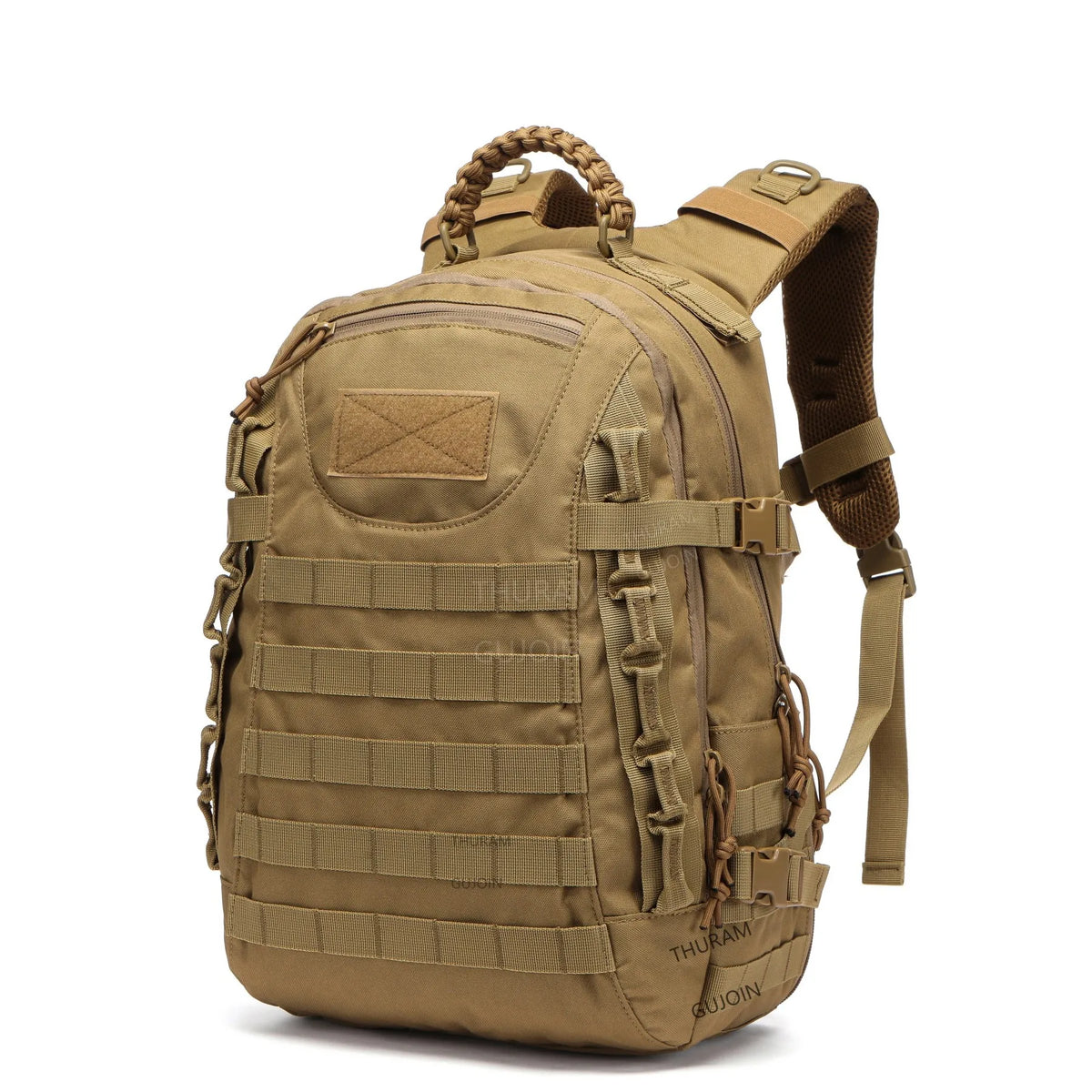 A tan tactical waterproof backpack with brown straps and webbing.