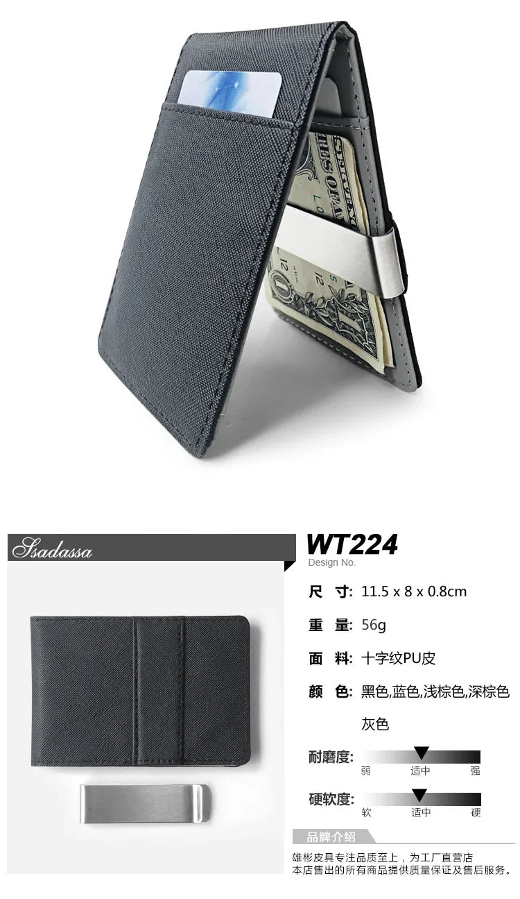 A black slim leather bi-fold wallet with a money clip is shown, displaying a banknote.