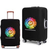 A black rolling suitcase with a circular yellow and green lightning bolt design on the side.