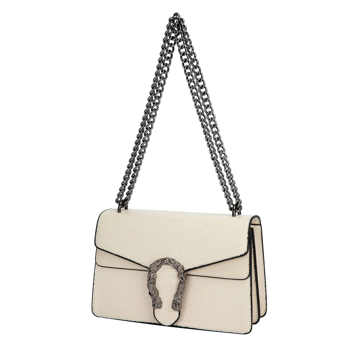 Bolso cruz de hombro con estampado de serpiente beige y correa de cadena plateada.