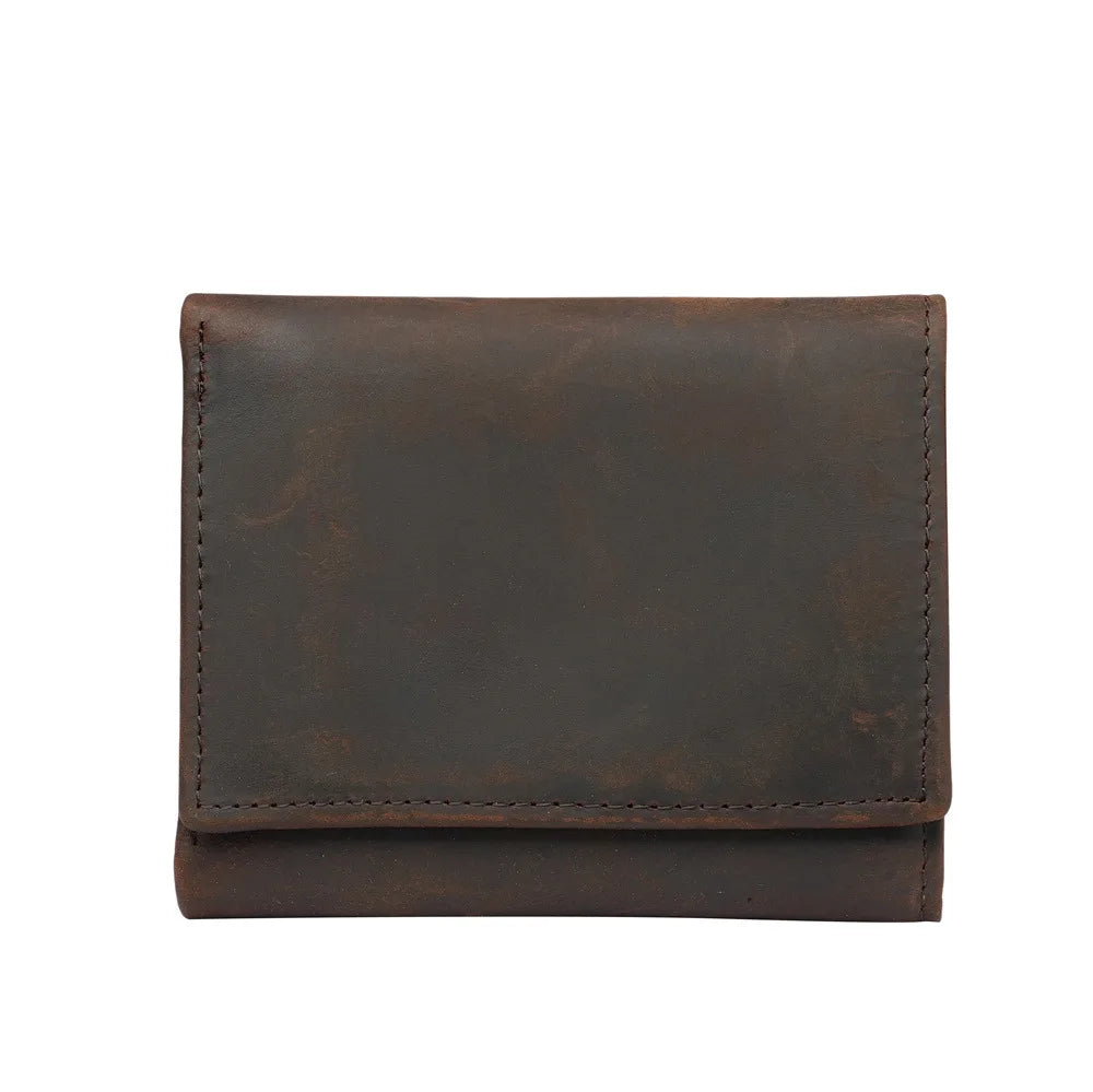 A dark brown genuine leather trifold wallet with a stitched edge.