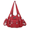 A red vintage PU leather hobo shoulder bag with silver hardware.