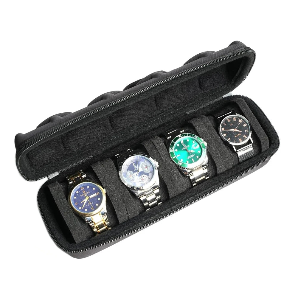 A black leather watch organizer travel case holding several wristwatches.
