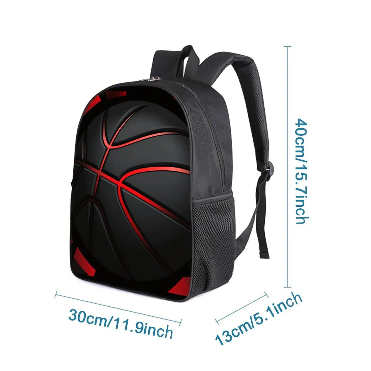 Black backpack with a basketball design and red accents, shown from the side.