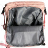 A pink compact travel backpack with a gray interior lining is shown open.