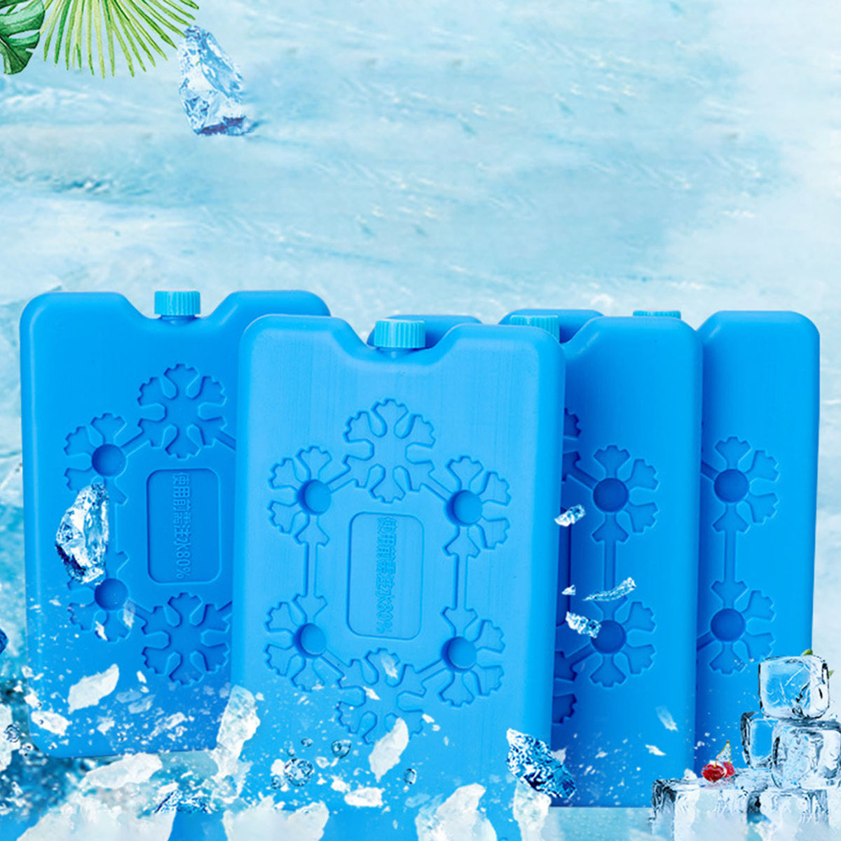Blue reusable ice packs with snowflake designs surrounded by ice and water.