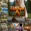 A collection of quilted travel duffel bags in various patterns and colors being held by a person.