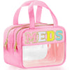Pink clear makeup bag with a zipper and a chenille letter design