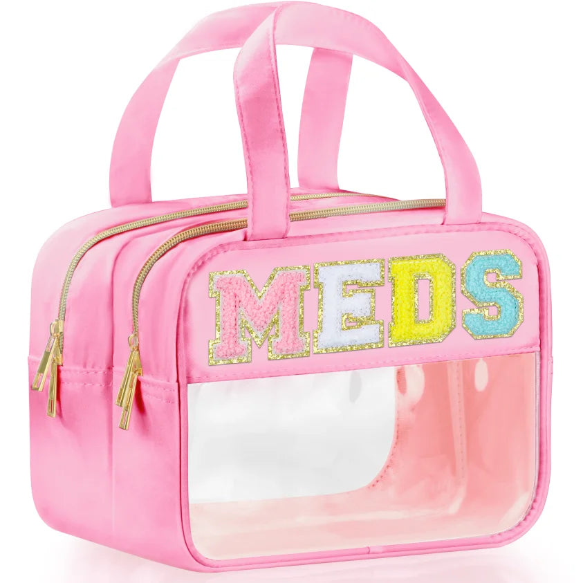 Pink clear makeup bag with a zipper and a chenille letter design