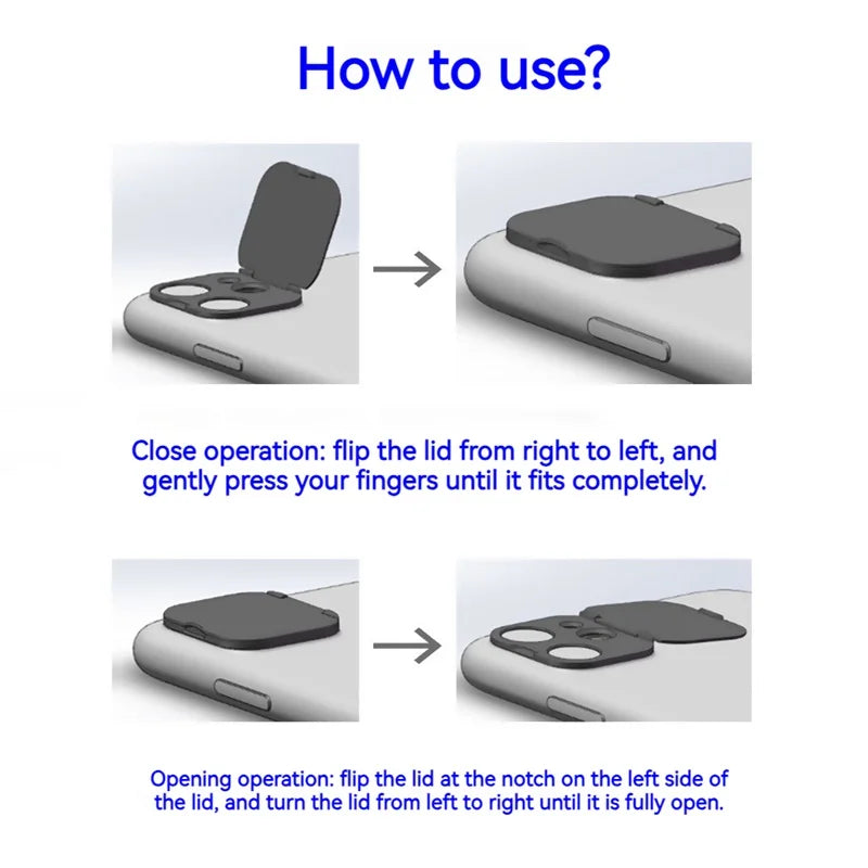 Instructions showing how to close and open a privacy lens cover for an iPhone camera.