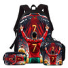 A red and black football-themed backpack set featuring a player celebrating with his arms raised.