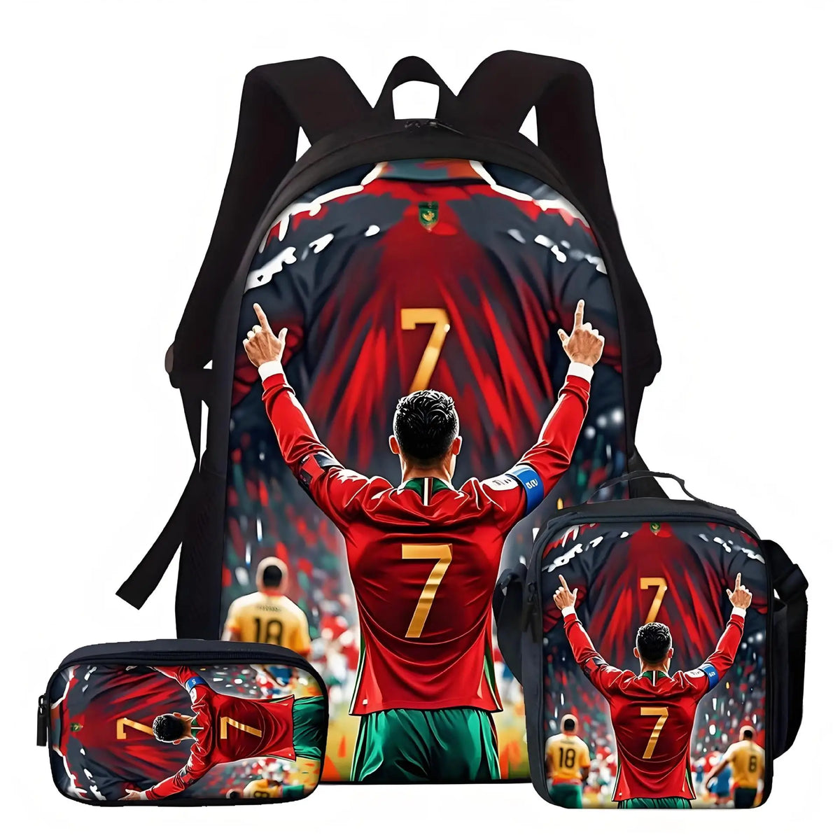 A red and black football-themed backpack set featuring a player celebrating with his arms raised.