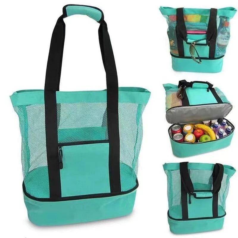 Türkise Netztasche mit schwarzen Riemen und einer separaten isolierten Tasche