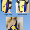 Three-in-one accessory featuring a thigh bag, waist pouch, and chest bag, all with a purple and yellow design.