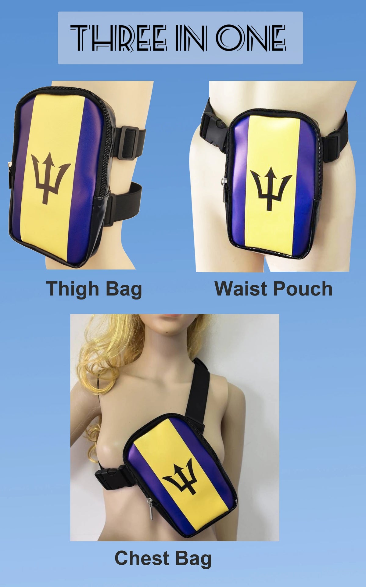 Three-in-one accessory featuring a thigh bag, waist pouch, and chest bag, all with a purple and yellow design.