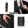 A black men's pop-up wallet with a textured finish shown in various angles.
