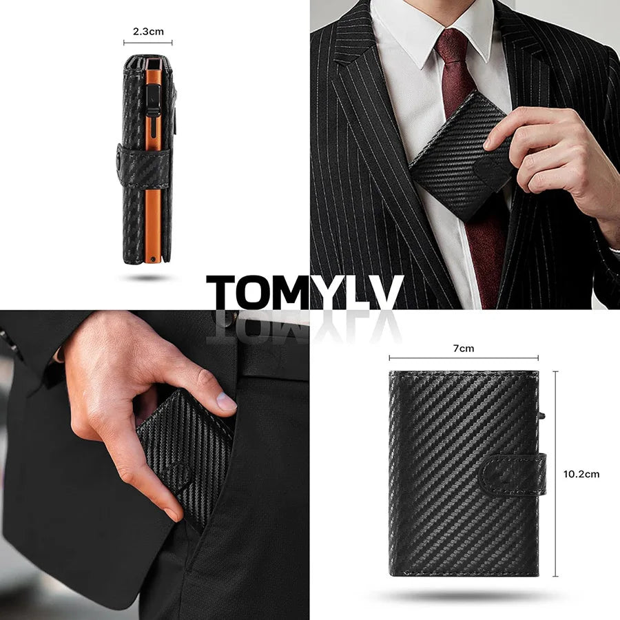 A black men's pop-up wallet with a textured finish shown in various angles.