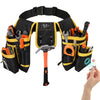A black and yellow utility tool belt bag with various tools attached, shown from the top.
