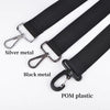 Three adjustable nylon shoulder straps shown with silver metal, black metal, and POM plastic buckles