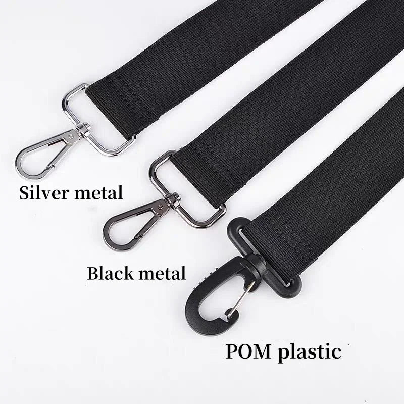 Three adjustable nylon shoulder straps shown with silver metal, black metal, and POM plastic buckles