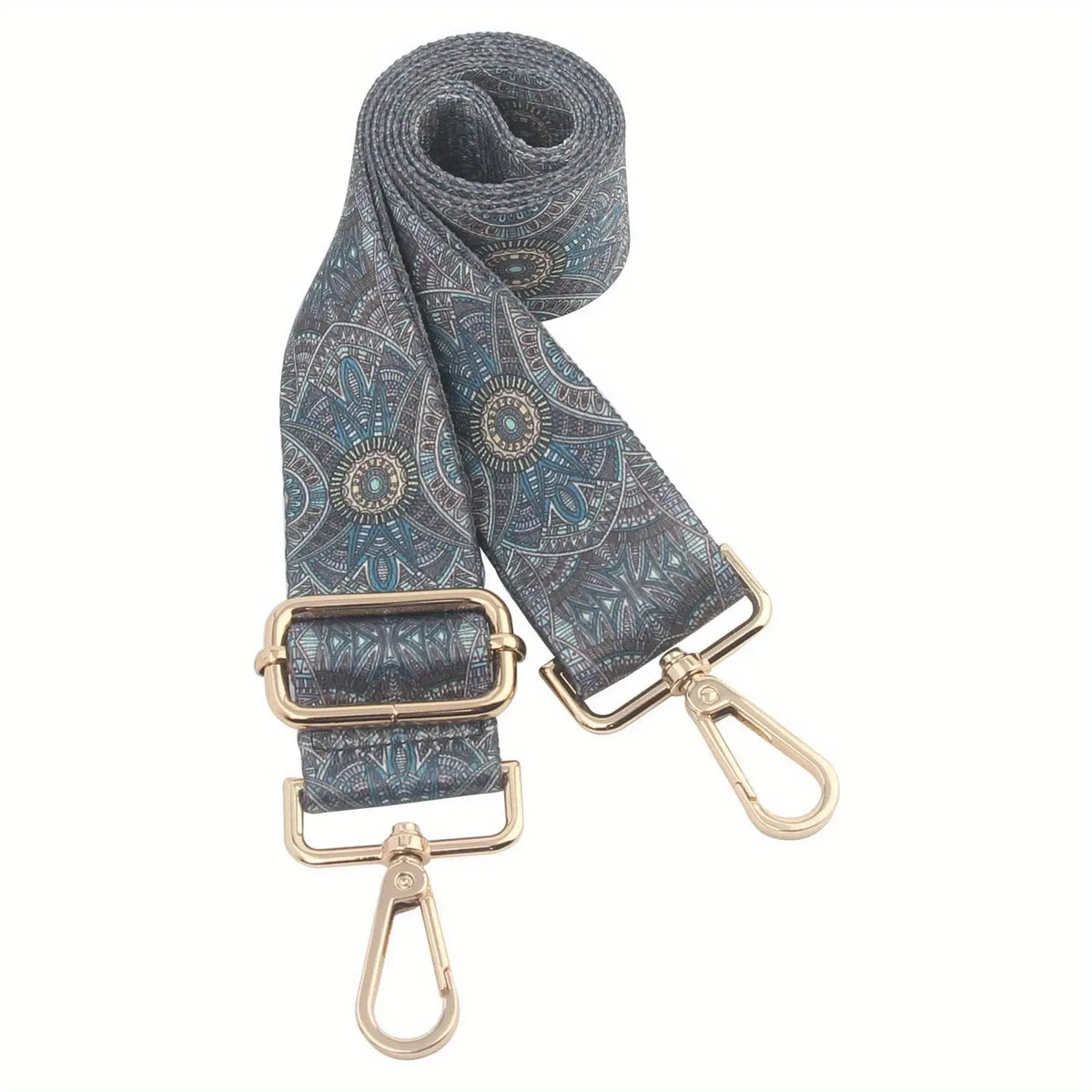 A dark blue patterned nylon crossbody bag strap with gold hardware.