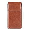 A brown leather belt loop phone case for an iPhone, shown vertically.