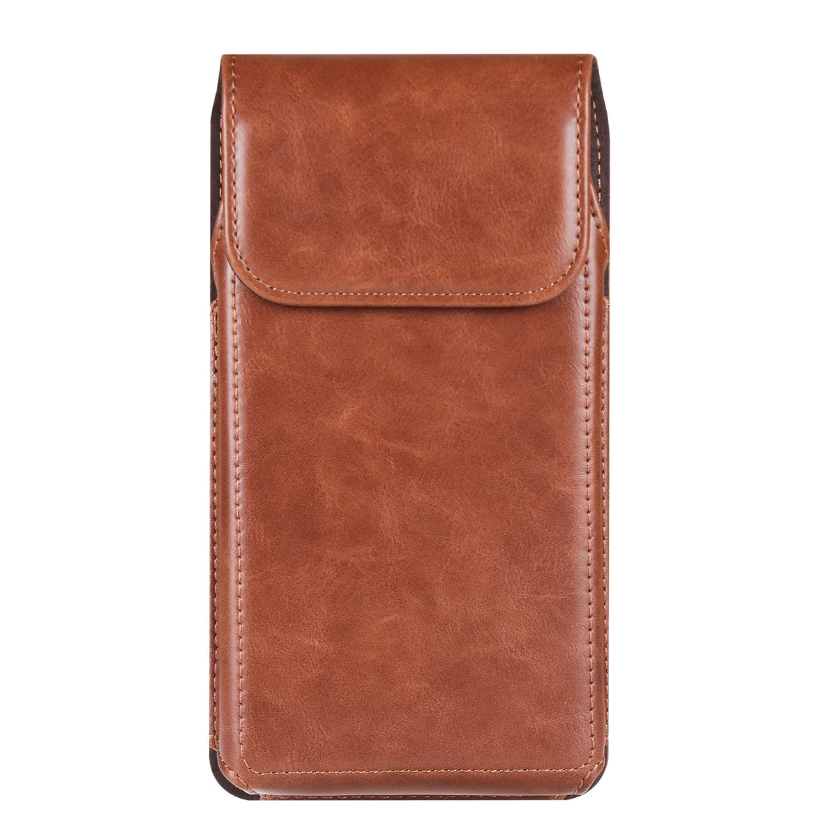 A brown leather belt loop phone case for an iPhone, shown vertically.