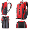 Red and black waterproof hiking backpack shown in multiple views
