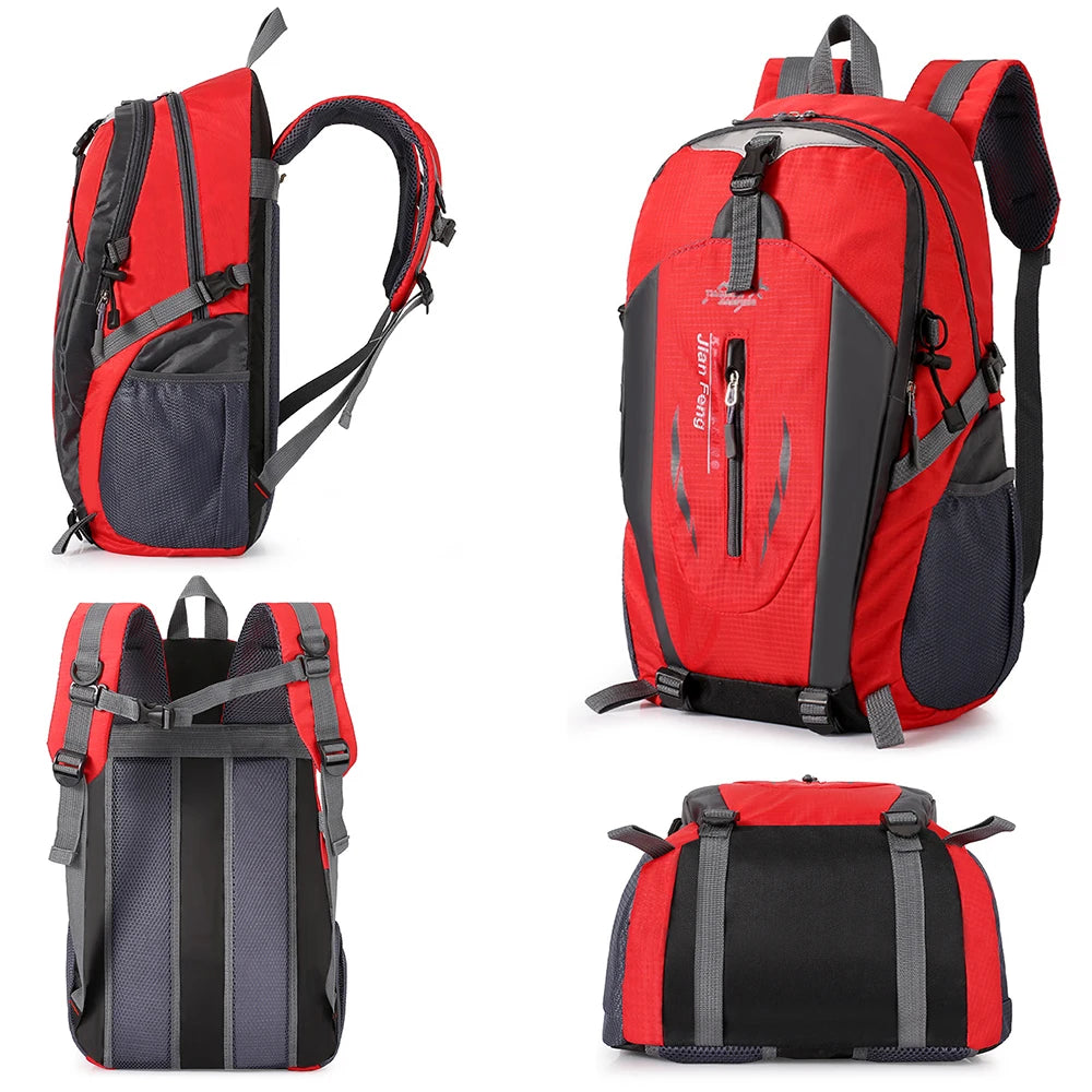 Red and black waterproof hiking backpack shown in multiple views
