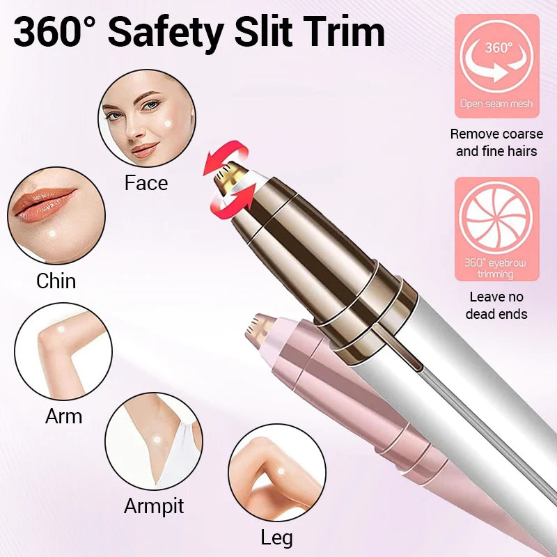 A precision electric slit trim tool is shown with various body parts, demonstrating its use for face, chin, arm, and leg trim