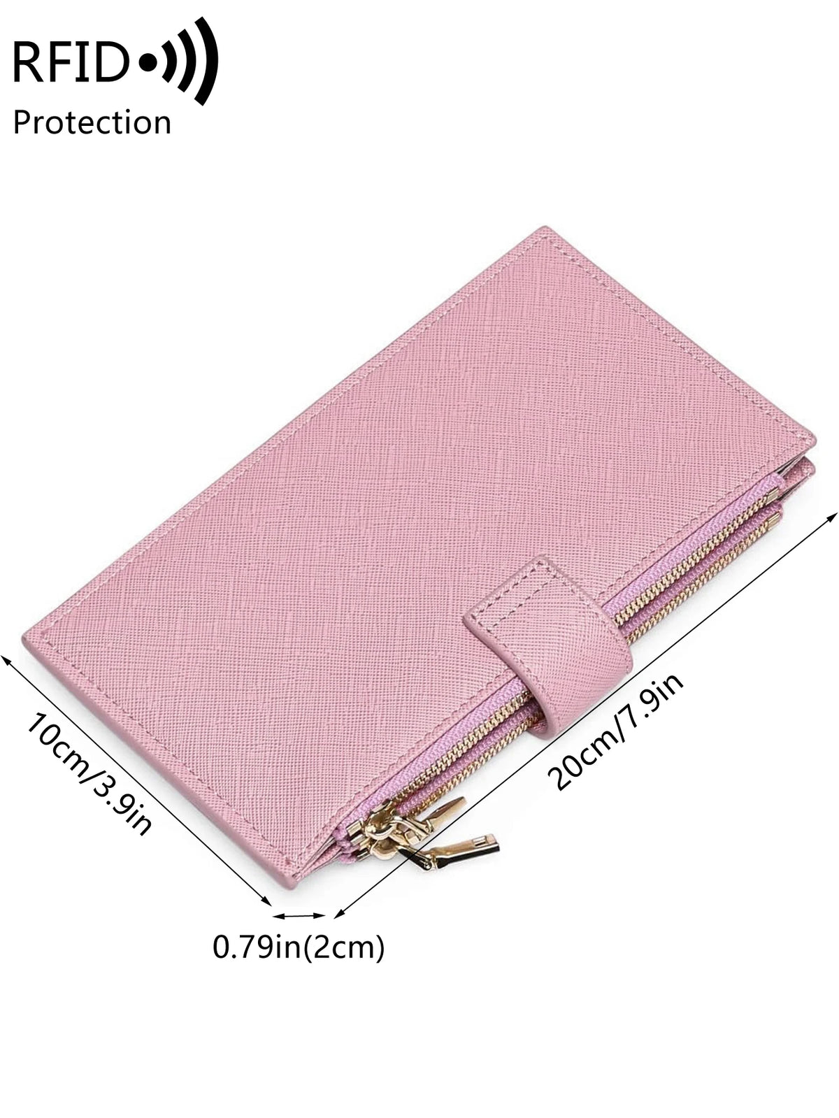 A pink RFID protection bi-fold wallet with a zipper closure shown from the side.