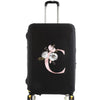 Black luggage with a pink floral monogram design on the side.