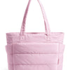 A light pink quilted tote bag with a handle is shown against a white background.