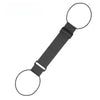 A black heavy-duty nylon luggage strap with two circular loops.