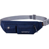 Navy blue slim multi-pocket waist bag with a gray adjustable strap and a visible Waterfly logo.