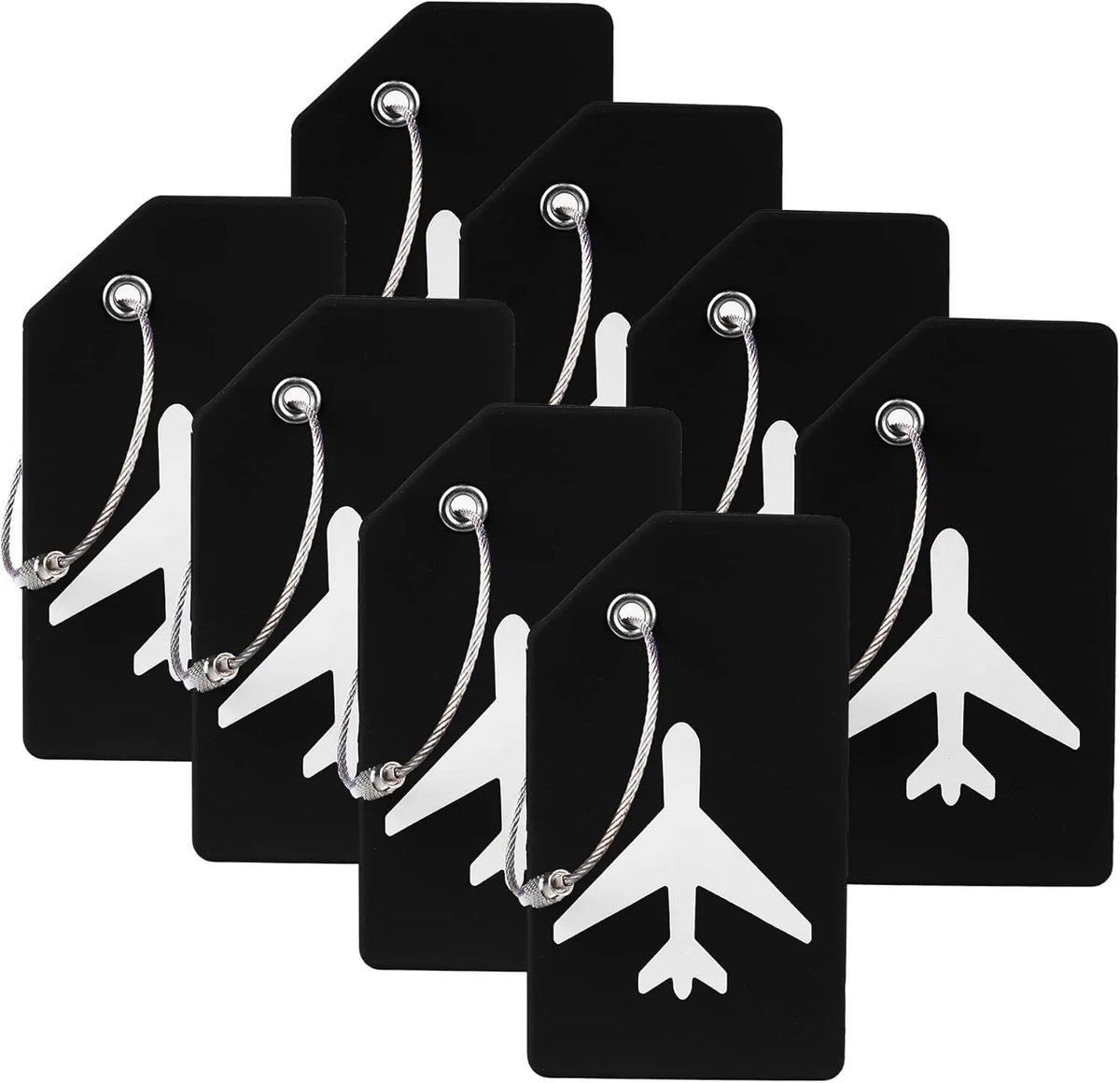 A set of black silicone luggage tags with silver chains and airplane shapes.
