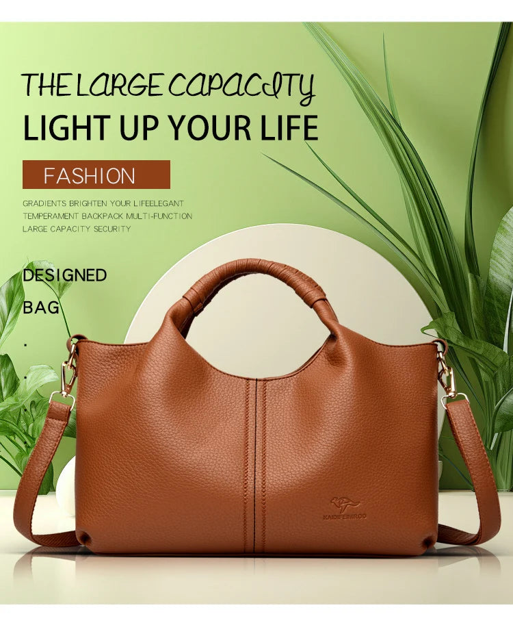 A brown leather tote bag is displayed against a green background with text promoting fashion and light.