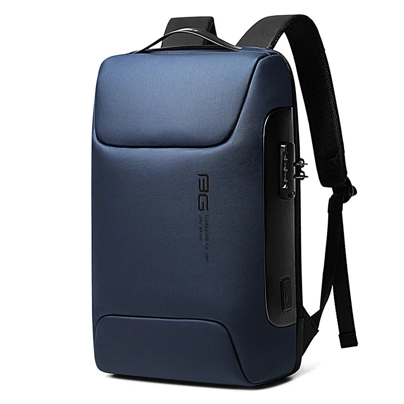 A dark blue laptop backpack with a black strap and a USB charging port.
