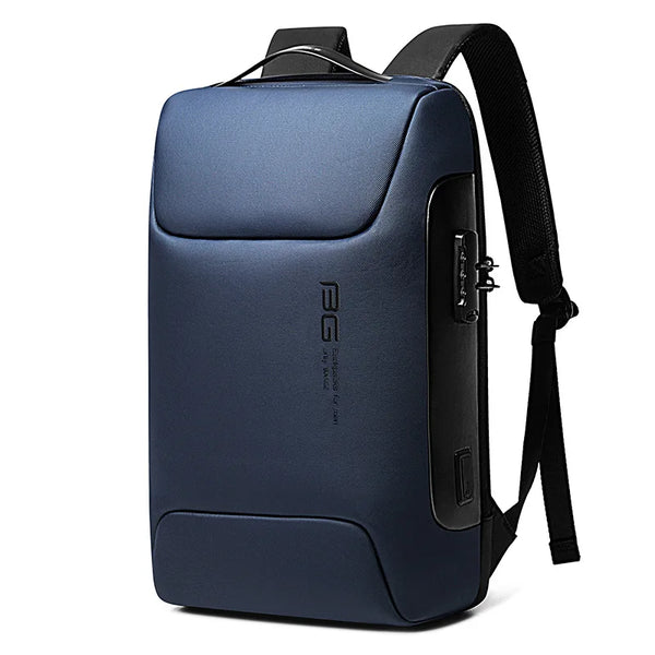 A dark blue laptop backpack with a black strap and a USB charging port.