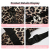 Display of a leopard print travel duffel bag showing high quality hooks, smooth zipper, reinforced suture, and an adjustable 