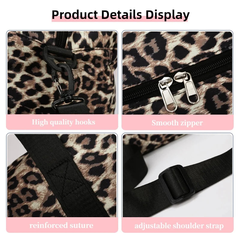 Display of a leopard print travel duffel bag featuring high quality hooks, smooth zipper, reinforced suture, and an adjustabl