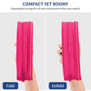 A bright pink pencil case shown folded and unfolded, demonstrating its expandable storage capability.