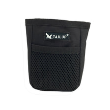 Black fabric pouch for pet training treats with a mesh window and a brand logo